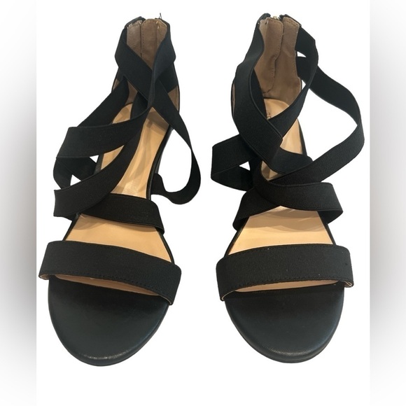 WOMEN'S Liz Claiborne ROCKELE STRETCH WEDGE SANDALS Black - Picture 1 of 8